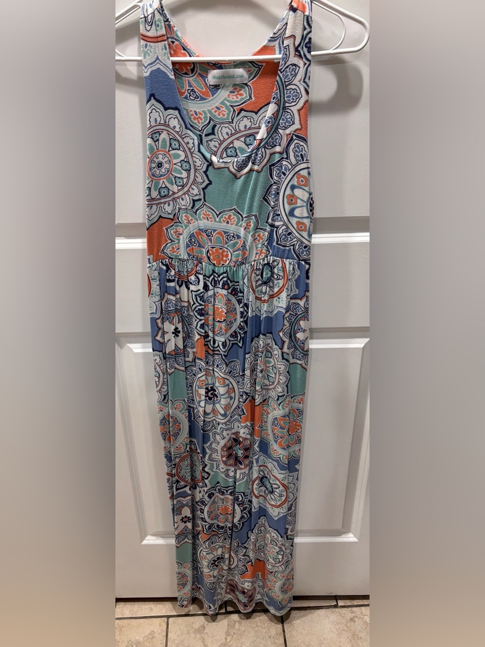 Sleeveless Printed Maxi Dress in Blue, Mint & Orange